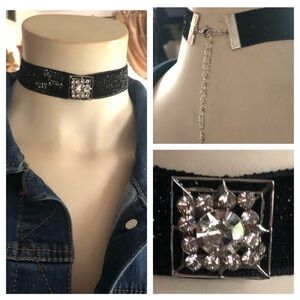 Vintage Rhinestone Brooch on Black Sparkle Velvet Choker